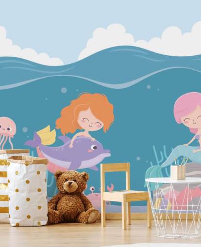 deux sirènes avec papier peint de poissons