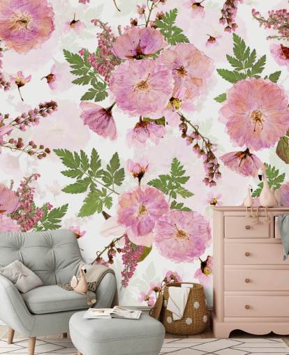 fleurs roses sur fond blanc papier peint