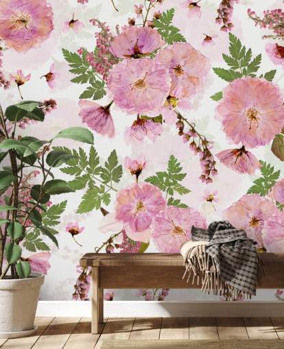 roze bloemen op een witte achtergrond behang