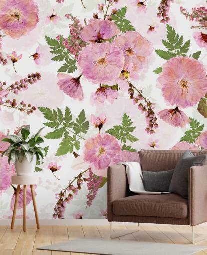 papel pintado de flores rosadas sobre fondo blanco