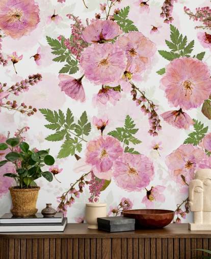 lyserøde blomster på en hvid baggrund tapet