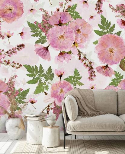 fleurs roses sur fond blanc papier peint