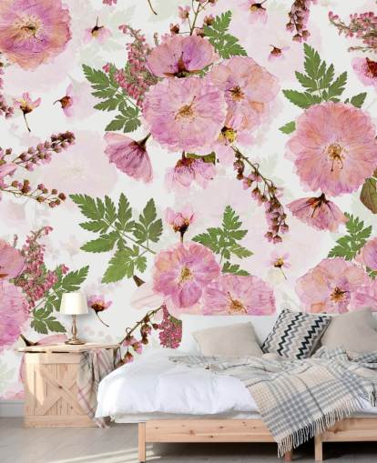 fleurs roses sur fond blanc papier peint