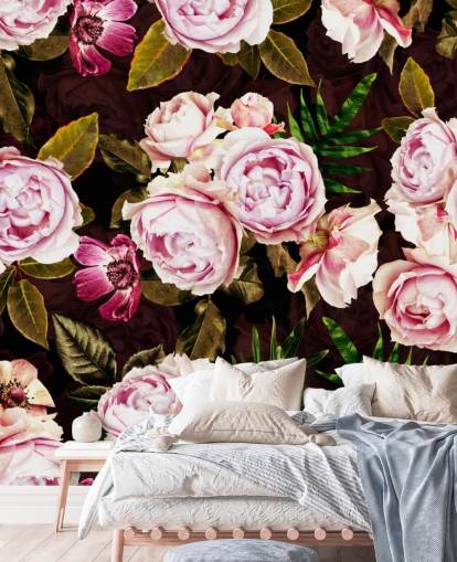 svart, grön och rosa pioner tapeter