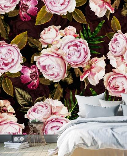 papel de parede peônias pretas, verdes e rosa