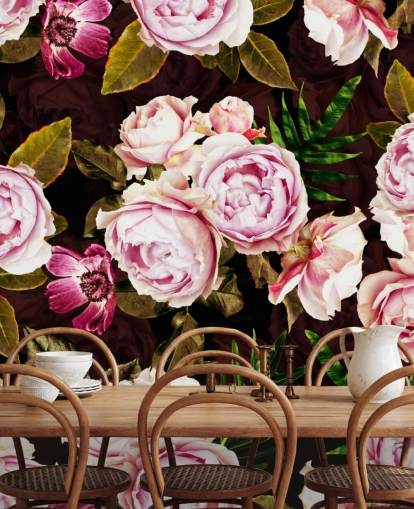 carta da parati peonie nere, verdi e rosa