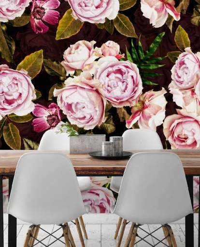 papier peint pivoines noires, vertes et roses