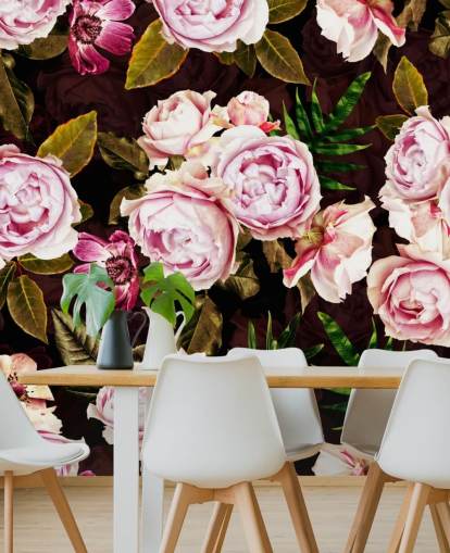 carta da parati peonie nere, verdi e rosa