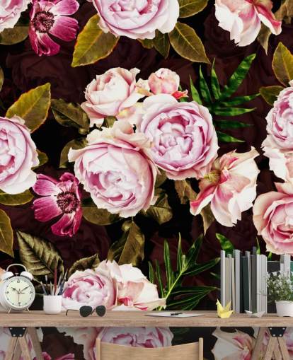 zwart, groen en roze pioenrozen behang