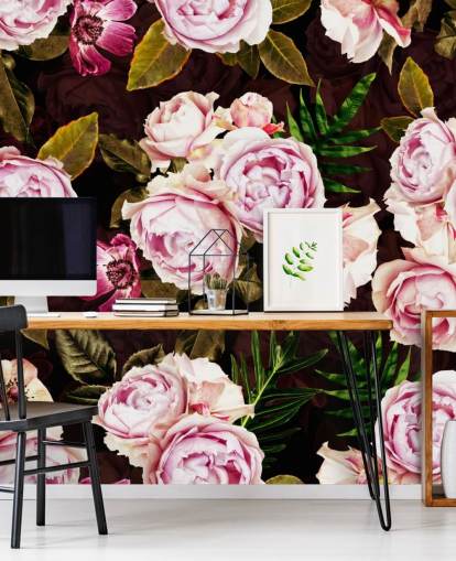 papel de parede peônias pretas, verdes e rosa