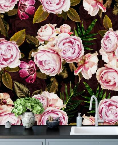 black, green and pink peonies wallpaper