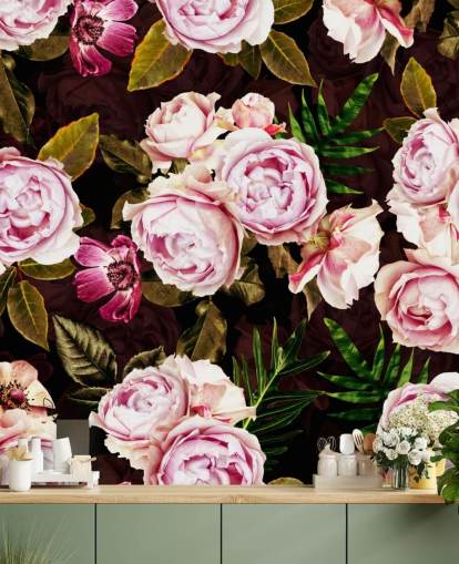 carta da parati peonie nere, verdi e rosa
