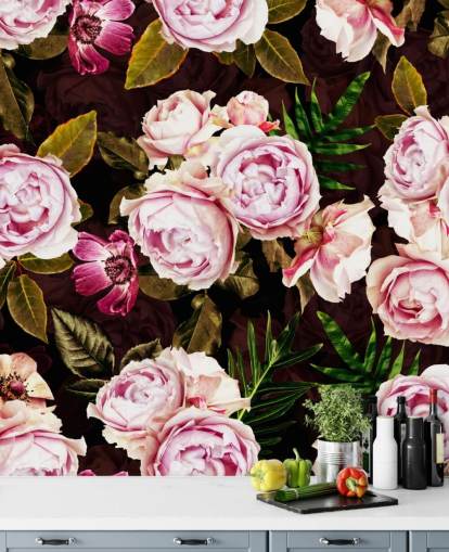 carta da parati peonie nere, verdi e rosa