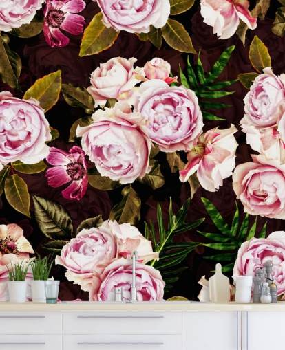 black, green and pink peonies wallpaper