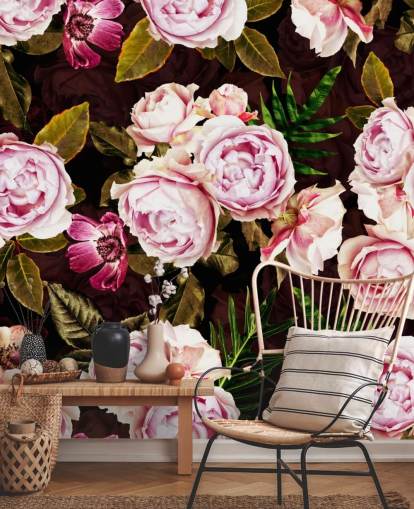 papel pintado de peonías negras, verdes y rosas papel pintado de peonías negras, verdes y rosas