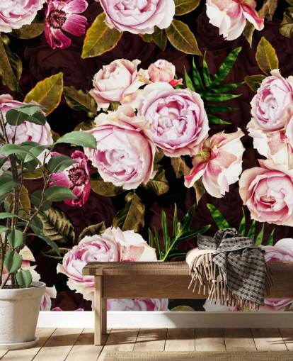 papel de parede peônias pretas, verdes e rosa
