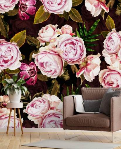 papel de parede peônias pretas, verdes e rosa