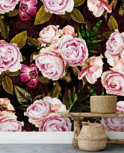 papel de parede peônias pretas, verdes e rosa