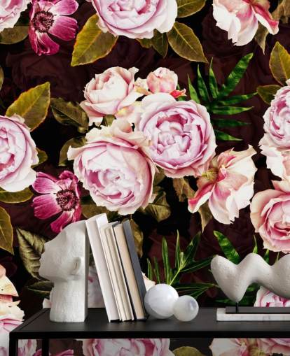 black, green and pink peonies wallpaper
