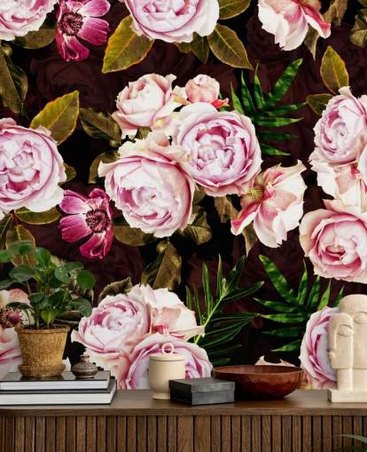 black, green and pink peonies wallpaper