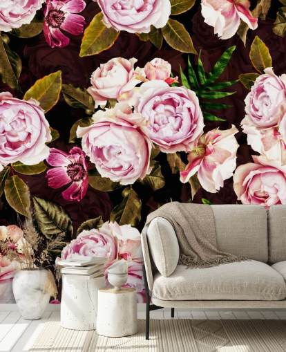 black, green and pink peonies wallpaper