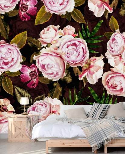 black, green and pink peonies wallpaper