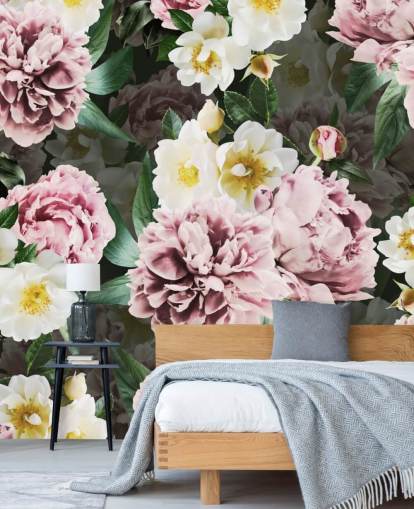 roze pioenen en gele en witte bloemen behang roze pioenen en gele en witte bloemen behang