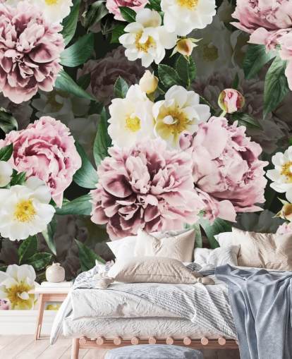 peônias rosa e flores amarelas e brancas papel de parede