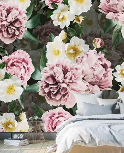 rosa Pfingstrosen und gelbe und weiße Blumen Wallpaper