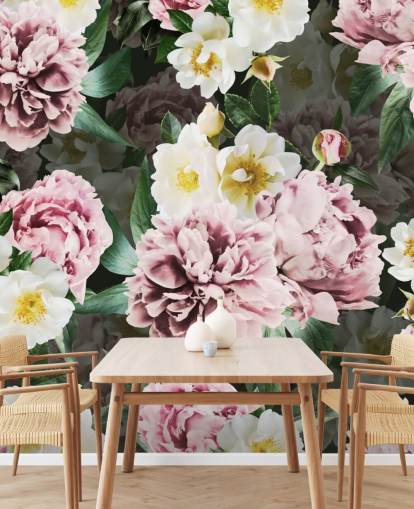 pink peonies and yellow and white flowers wallpaper