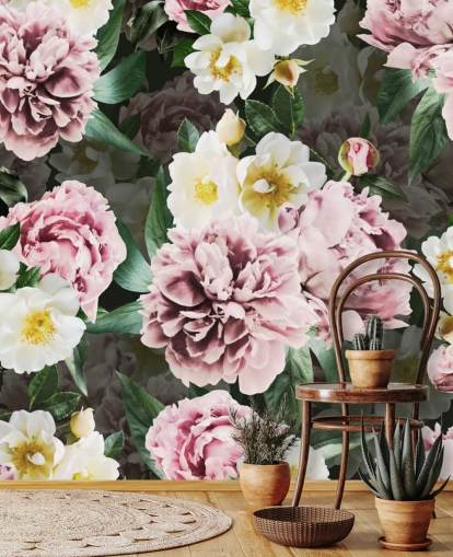 pink peonies and yellow and white flowers wallpaper