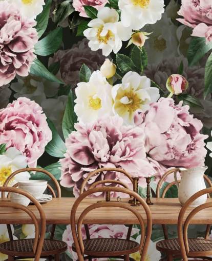 papel pintado de peonías rosadas y flores amarillas y blancas