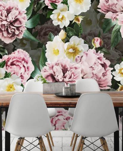 pink peonies and yellow and white flowers wallpaper