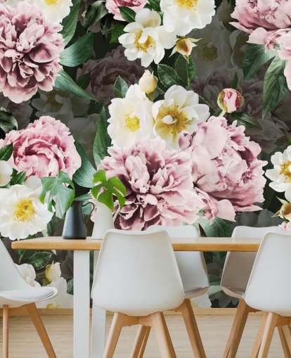 papel pintado de peonías rosadas y flores amarillas y blancas
