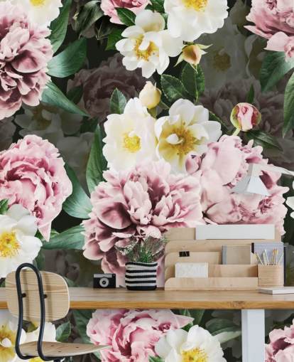 papel pintado de peonías rosadas y flores amarillas y blancas