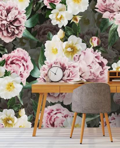 carta da parati peonie rosa e fiori gialli e bianchi