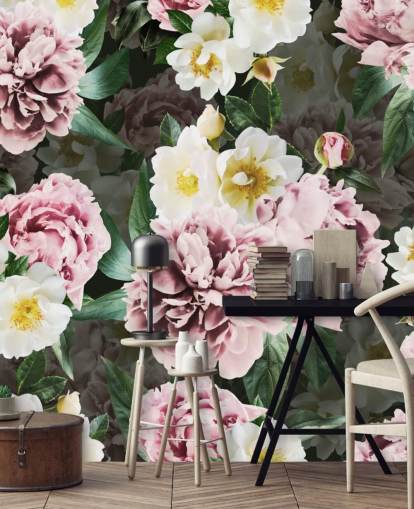 peônias rosa e flores amarelas e brancas papel de parede