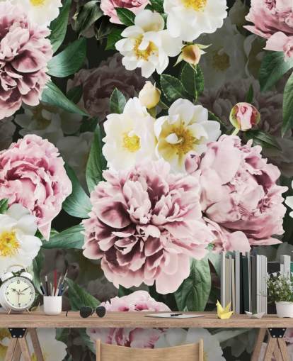 papel pintado de peonías rosadas y flores amarillas y blancas papel pintado de peonías rosadas y flores amarillas y blancas
