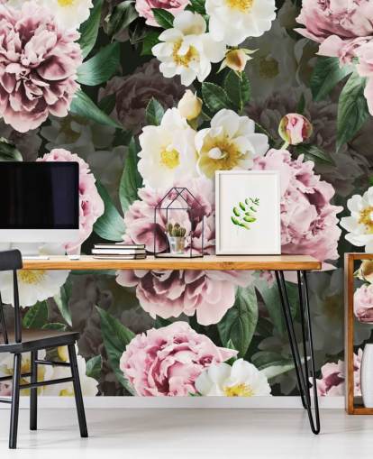 pink peonies and yellow and white flowers wallpaper