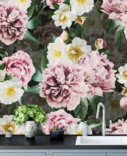 roze pioenen en gele en witte bloemen behang roze pioenen en gele en witte bloemen behang