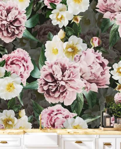 carta da parati peonie rosa e fiori gialli e bianchi carta da parati peonie rosa e fiori gialli e bianchi