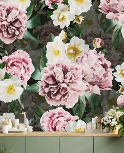 rosa peoner og gule og hvite blomster tapet rosa peoner og gule og hvite blomster tapet