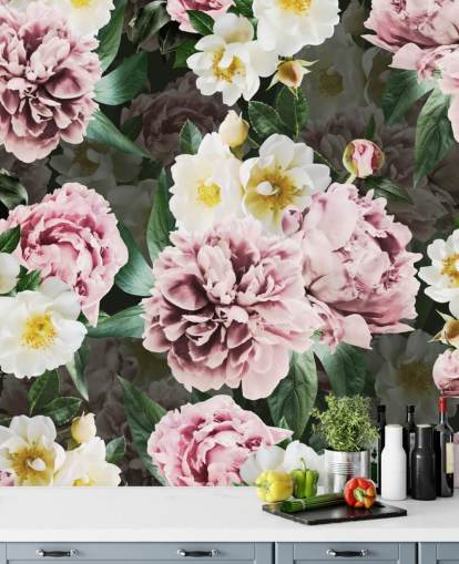 lyserøde pæoner og gule og hvide blomster tapet