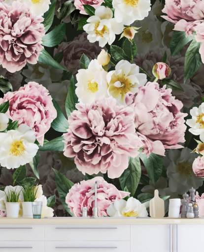 carta da parati peonie rosa e fiori gialli e bianchi