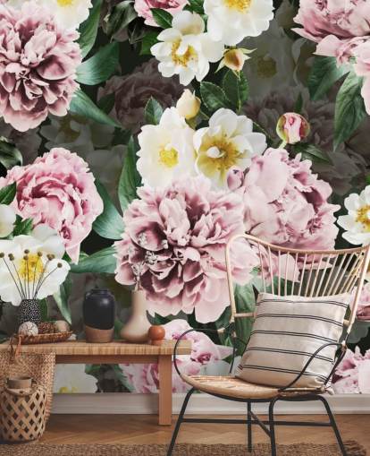 papel pintado de peonías rosadas y flores amarillas y blancas