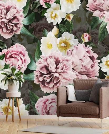 papier peint pivoines roses et fleurs jaunes et blanches