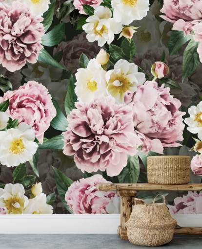 rosa Pfingstrosen und gelbe und weiße Blumen Wallpaper