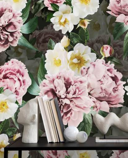 rosa Pfingstrosen und gelbe und weiße Blumen Wallpaper