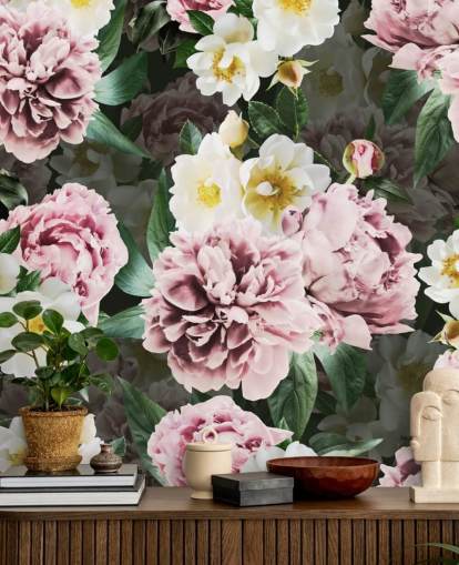 roze pioenen en gele en witte bloemen behang roze pioenen en gele en witte bloemen behang