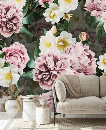 roze pioenen en gele en witte bloemen behang roze pioenen en gele en witte bloemen behang